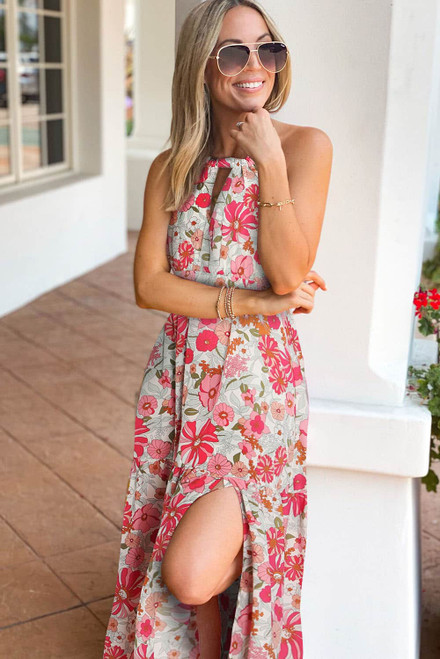 Pink Lace-up Halter Backless High Waist Floral Maxi Dress