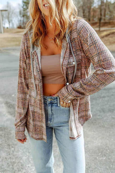 Purple Plaid Contrast Hooded Drawstring Shacket Purple Plaid Contrast Hooded Drawstring Shacket
