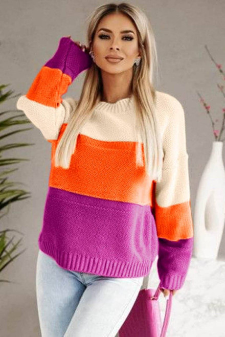 Multicolor Color Block Drop Shoulder Round Neck Knit Sweater Multicolor Color Block Drop Shoulder Round Neck Knit Sweater