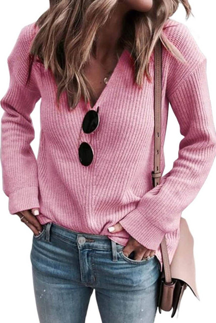 Pink Ribbed Knit V Neck Sweater Pink Ribbed Knit V Neck Sweater
