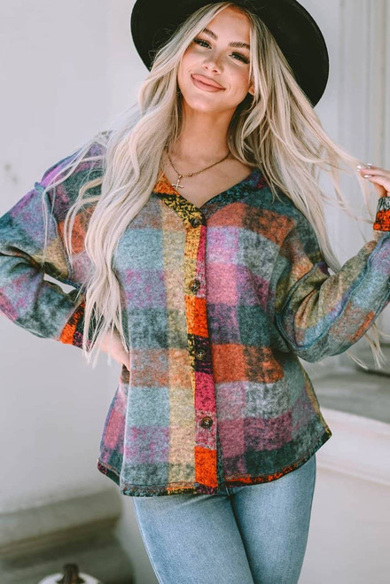 Multicolor Brushed Checked Western Buttoned Jacket Multicolor Brushed Checked Western Buttoned Jacket