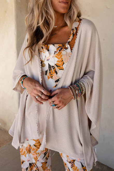 Apricot Lace Trim Ribbed Oversize Kimono