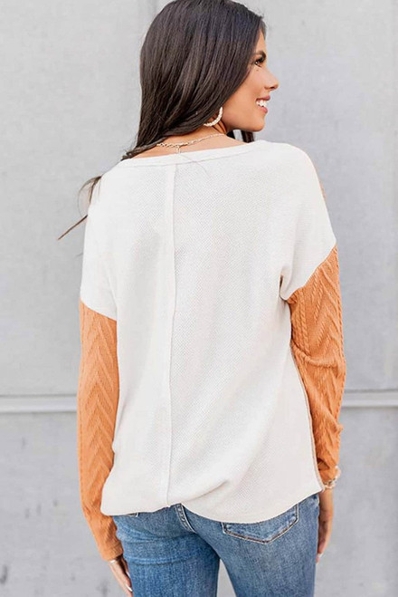 Orange Long Sleeve Colorblock Chest Pocket Textured Knit Top Orange Long Sleeve Colorblock Chest Pocket Textured Knit Top