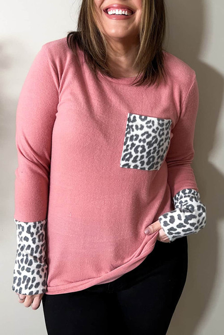 Pink Leopard Cuffs Brushed Plus Size Top