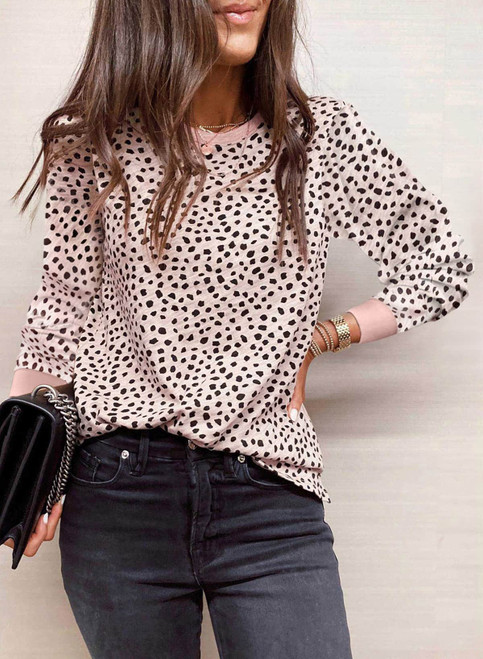 Apricot Animal Spotted Print Round Neck Long Sleeve Top