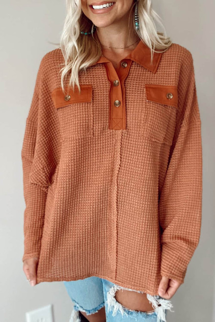 Brown Waffle Knit Button Contrast Trim Long Sleeve Top