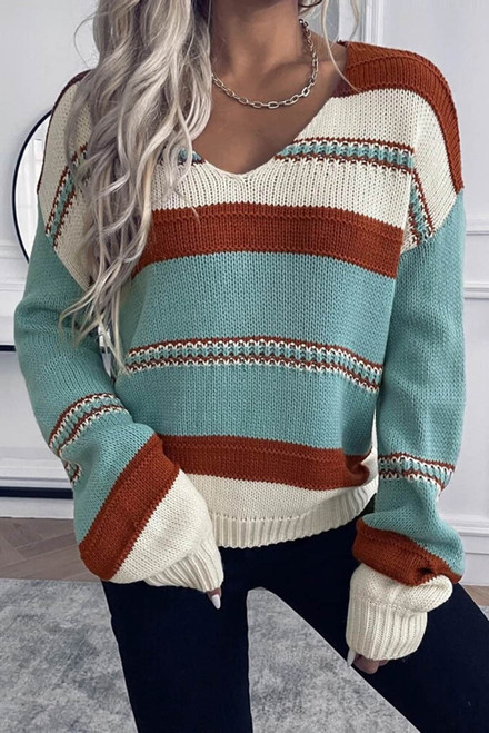 Sky Blue Striped Pattern Knit V Neck Sweater