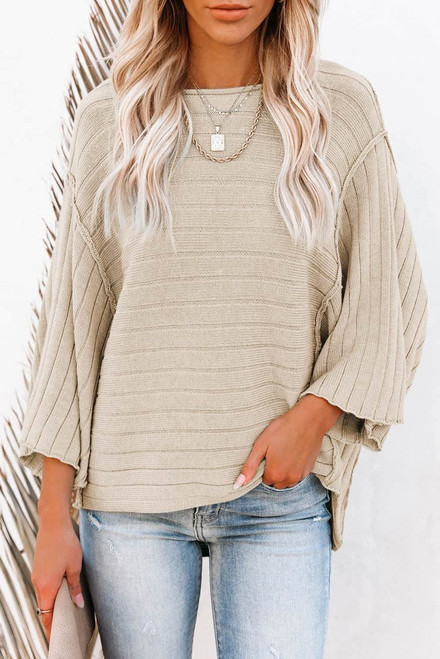 Apricot Exposed Seam Ribbed Knit Dolman Sweater Apricot Exposed Seam Ribbed Knit Dolman Sweater