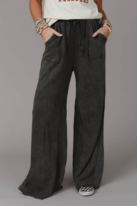 Gray Mineral Washed  Drawstring Retro Wide Leg Pants