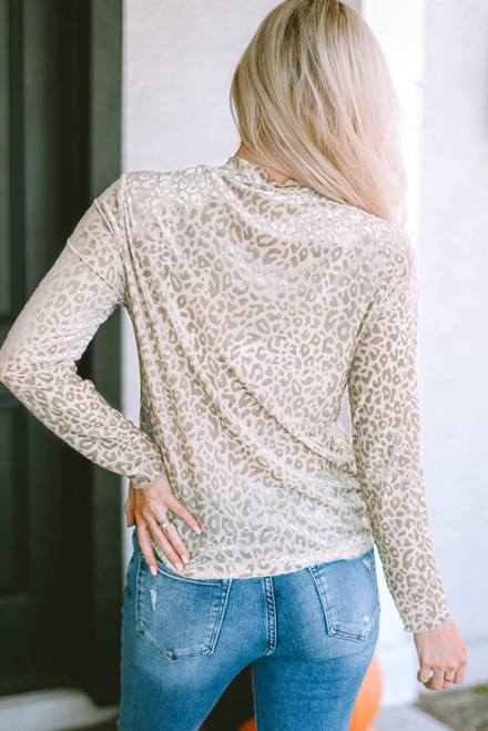 Leopard Frill High Neck Shiny Long Sleeve Top