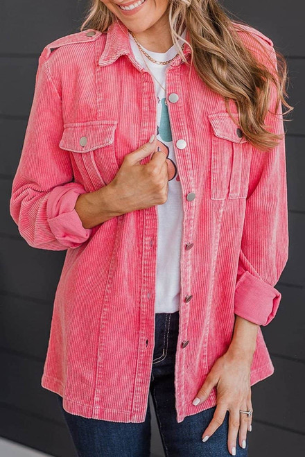 Pink Buttoned Flap Pocket Corduroy Jacket Pink Buttoned Flap Pocket Corduroy Jacket