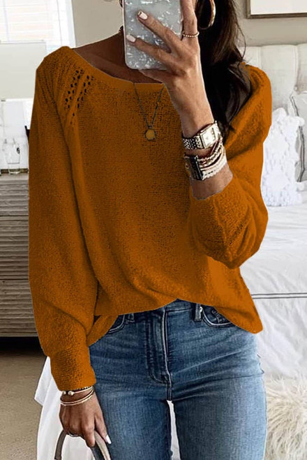 Brown Long Sleeve Cutout Shoulder Relaxed Sweater Brown Long Sleeve Cutout Shoulder Relaxed Sweater