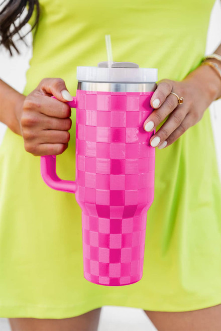 Dark Pink Checkered Print Handled Stainless Steel Tumbler Cup 40oz Dark Pink Checkered Print Handled Stainless Steel Tumbler Cup 40oz