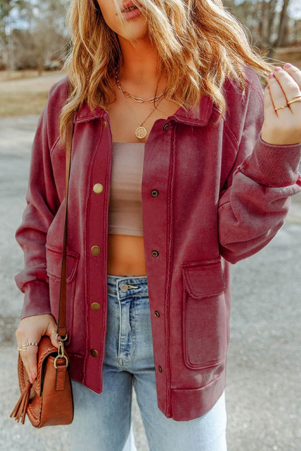 Red Vintage Washed Flap Pocket Button Shacket Red Vintage Washed Flap Pocket Button Shacket