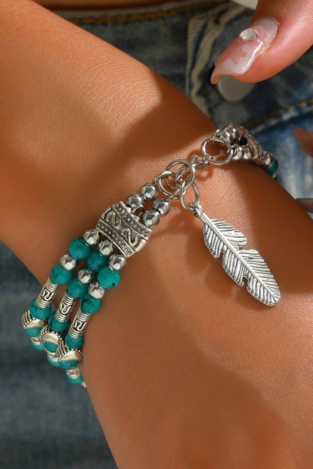 Green Boho Turquoise Beaded Geometric Carved Feather Bracelet