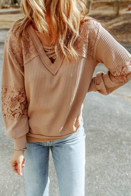 Apricot Lace Waffle Patchwork Strappy V Neck Long Sleeve Top Apricot Lace Waffle Patchwork Strappy V Neck Long Sleeve Top