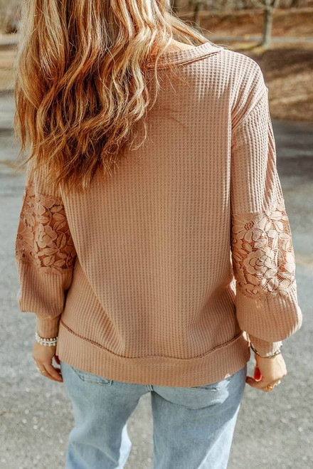 Apricot Lace Waffle Patchwork Strappy V Neck Long Sleeve Top Apricot Lace Waffle Patchwork Strappy V Neck Long Sleeve Top