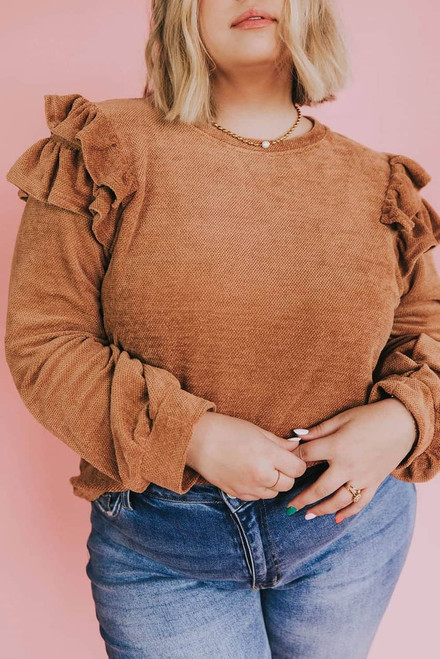 Brown Plus Size Solid Ruffled Tiered Long Sleeve Top Brown Plus Size Solid Ruffled Tiered Long Sleeve Top