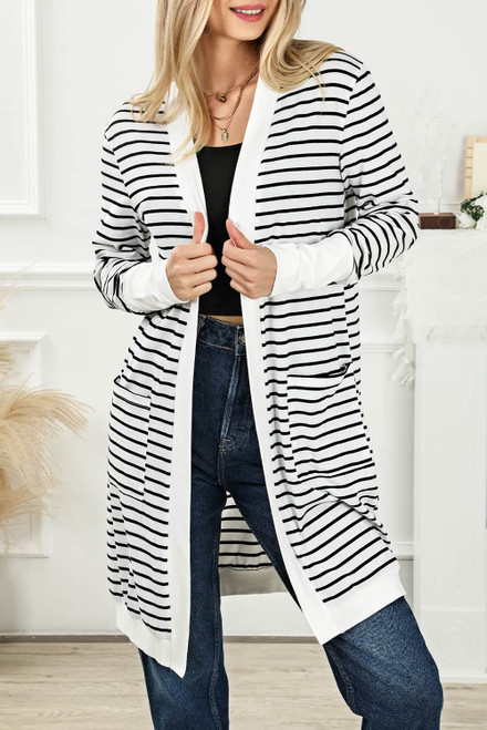 White Striped Side Pockets Open Front Cardigan