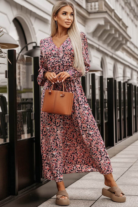 Multicolor Boho Floral Print Buttons Deep V Neck Maxi Dress