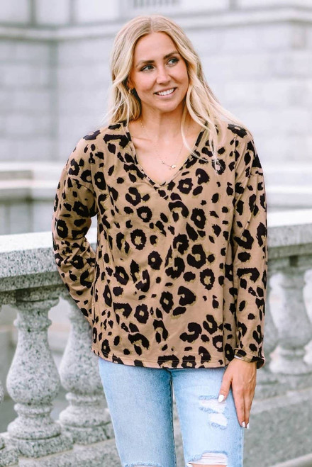 Brown Leopard Split Joint V Neck Long Sleeve Tops Brown Leopard Split Joint V Neck Long Sleeve Tops