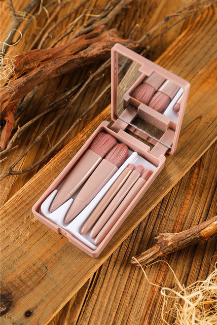 Pink 5pcs Makeup Brush Set Portable Case with Mirror