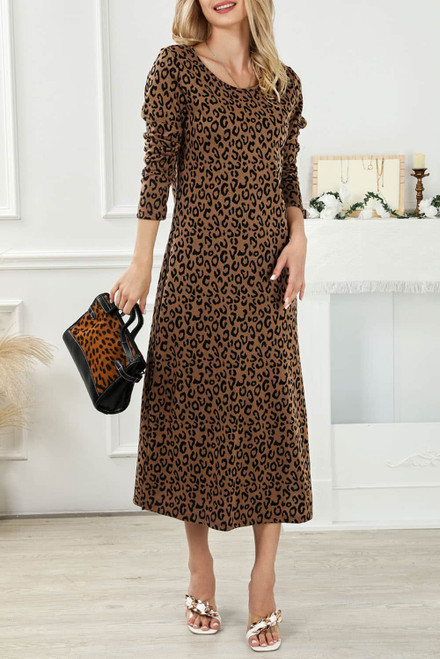 Leopard Round Neck Long Sleeve Split Dress