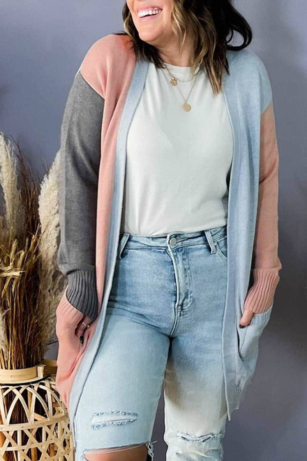 Multicolor Plus Size Colorblock Pocketed Open Front Cardigan Multicolor Plus Size Colorblock Pocketed Open Front Cardigan