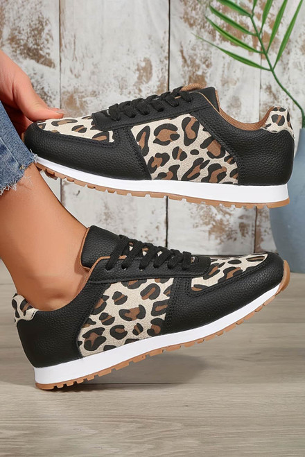 Black Casual Leopard PU Patchwork Lace up Sneakers