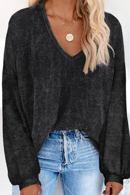 Black Waffle Knit V Neck Long Sleeve Loose Tunic Top