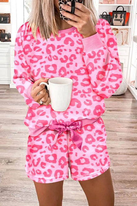 Pink Leopard Long Sleeve Satin Tie Shorts Two Piece Set