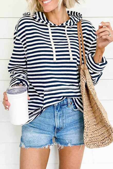 Stripe Kangaroo Pocket Drawstring Hoodie Stripe Kangaroo Pocket Drawstring Hoodie
