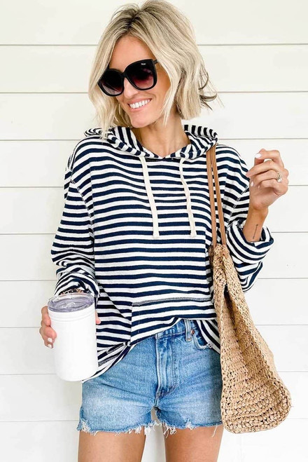 Stripe Kangaroo Pocket Drawstring Hoodie Stripe Kangaroo Pocket Drawstring Hoodie