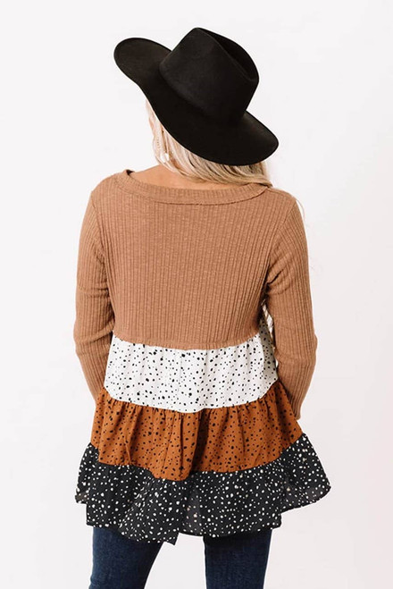 Brown Ribbed Long Sleeve Dotted Tiered Ruffled Flowy Top Brown Ribbed Long Sleeve Dotted Tiered Ruffled Flowy Top