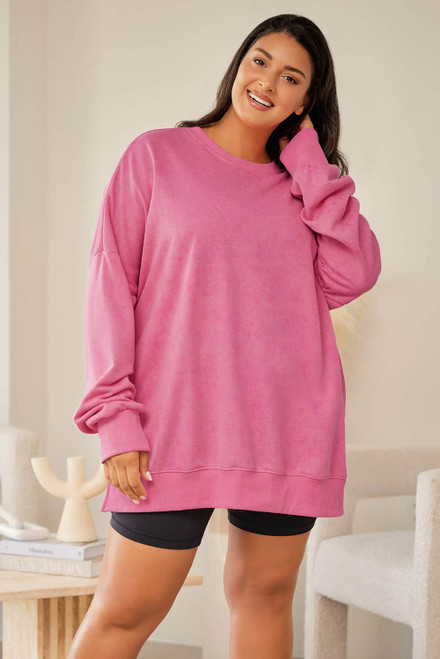 Pink Drop Shoulder Ribbed Trim Plus Size Sweatshirt