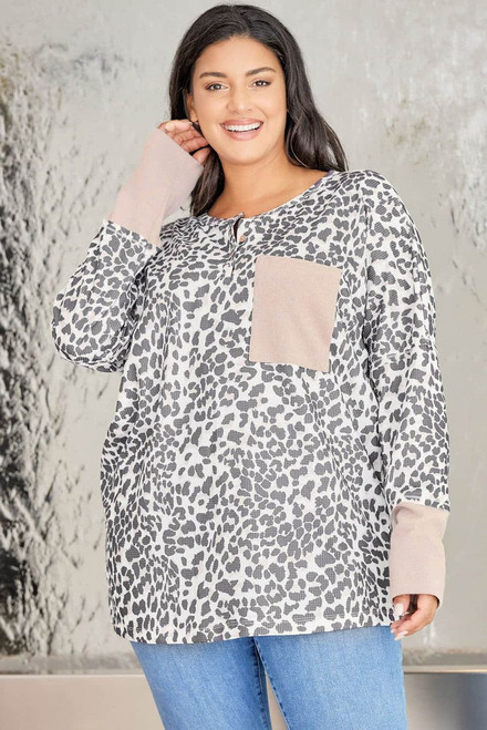 Leopard Plus Size Waffle Knit Patchwork Long Sleeve Henley Top Leopard Plus Size Waffle Knit Patchwork Long Sleeve Henley Top