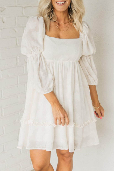 White Jacquard Square Neck Bubble Sleeve Dress