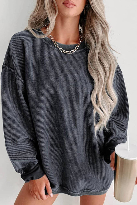 Gray Solid Ribbed Knit Round Neck Pullover Sweatshirt Gray Solid Ribbed Knit Round Neck Pullover Sweatshirt