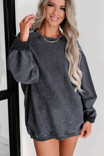 Gray Solid Ribbed Knit Round Neck Pullover Sweatshirt Gray Solid Ribbed Knit Round Neck Pullover Sweatshirt