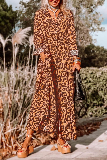 Leopard Button-Up Long Sleeve Maxi Dress