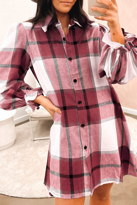 Brown Plaid Pattern Collared Neck Ruffled Sleeve Shirt Dress