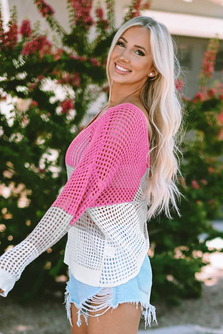 Pink Color Block Eyelet Long Sleeve Twisted Back Knit Top