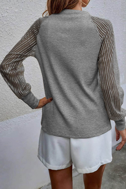 Gray Striped Mesh Long Sleeve Crewneck Ribbed Top