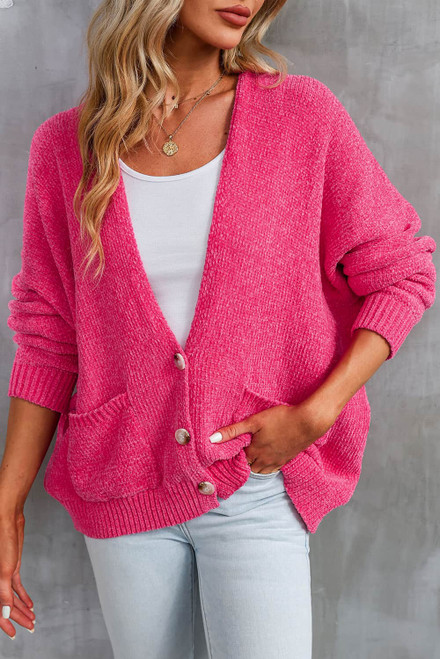 Rose Buttons Front Pocketed Sweater Cardigan