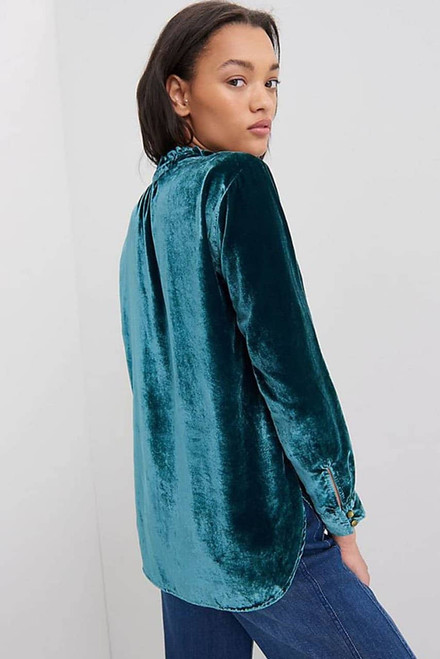 Green Frilled Neck Buttoned Front Velvet Top Green Frilled Neck Buttoned Front Velvet Top