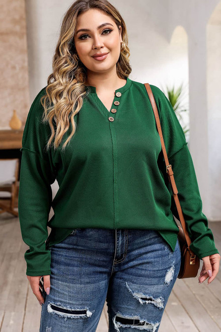 Green Exposed Seam Henley Buttoned Plus Size Long Sleeve Top