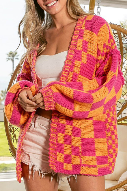 Multicolor Open Front Mixed Checkered Pattern Knit Cardigan Multicolor Open Front Mixed Checkered Pattern Knit Cardigan