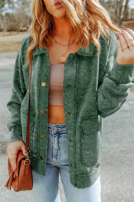 Green Vintage Washed Flap Pocket Button Shacket Green Vintage Washed Flap Pocket Button Shacket