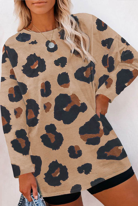 Multicolor Leopard Print Long Sleeve Plus Size T-Shirt