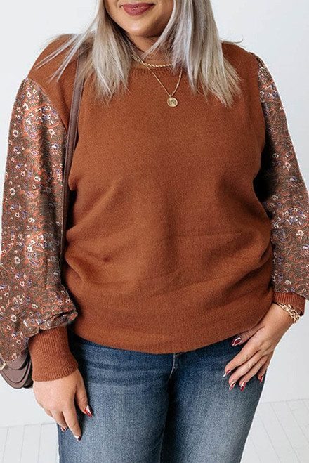 Brown Plus Size Printed Splicing Sleeve Ribbed Trim Sweater